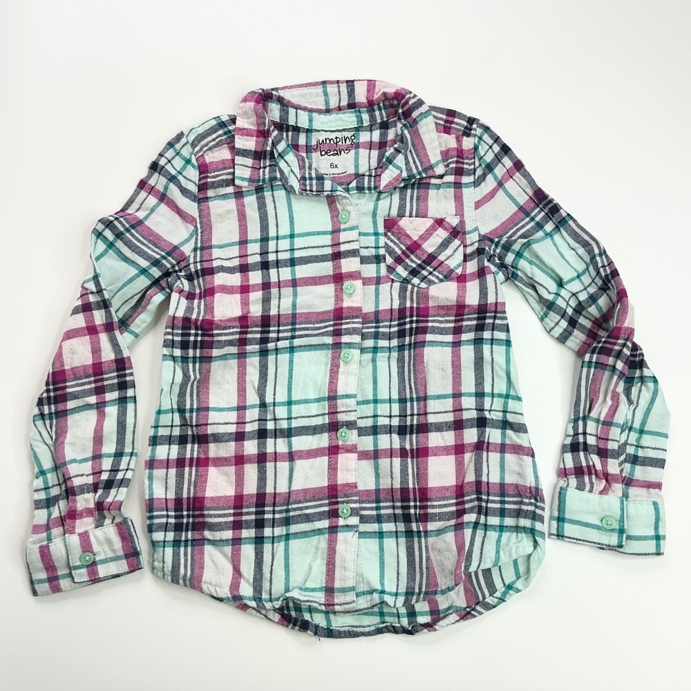 Jumping Beans Mint Green Plaid Button Down Kids 6x Silver Shimmer Sparkle Shirt